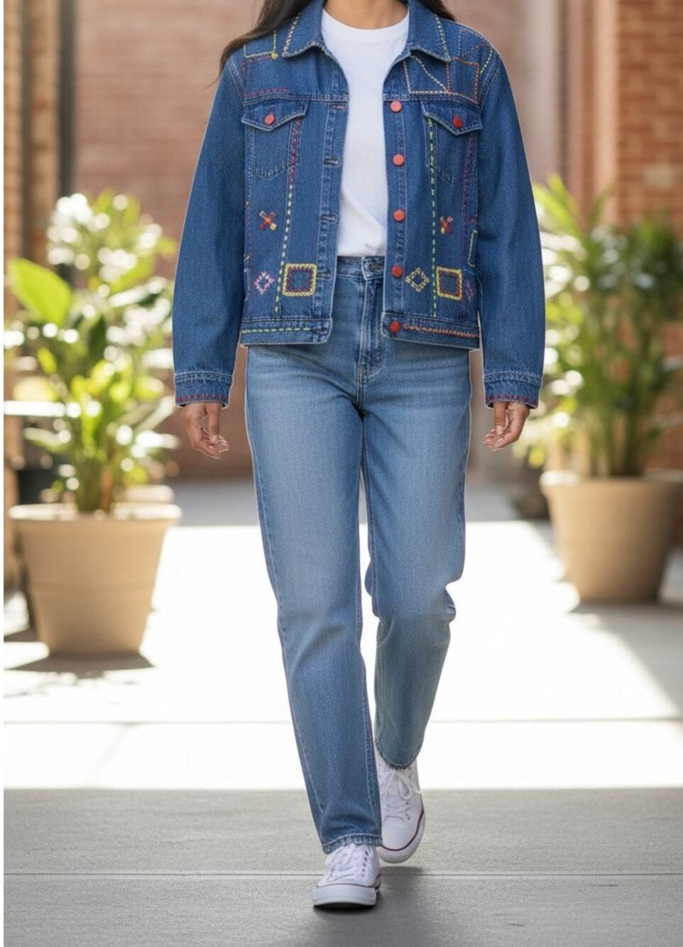 Jacqueline Lauren Women's Large Studded Embroidered Short Jean Jacket